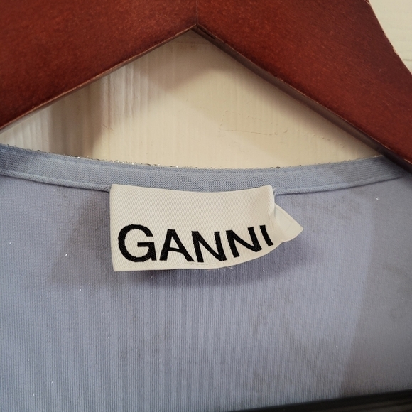 NWOT Ganni Women's Blue Silver Metallic Floral Long Sleeve Wrap Midi Dress 8 - Picture 5 of 5